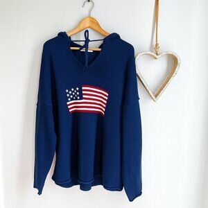 Brit.NY Womens Plus 2X American Flag Pullover Sweater Hoodie Blue Cotton